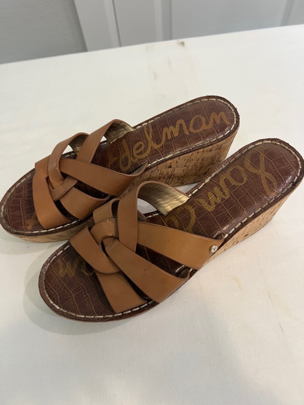 Sam Edelman Tan Leather Braided Wedge Slide Sandals